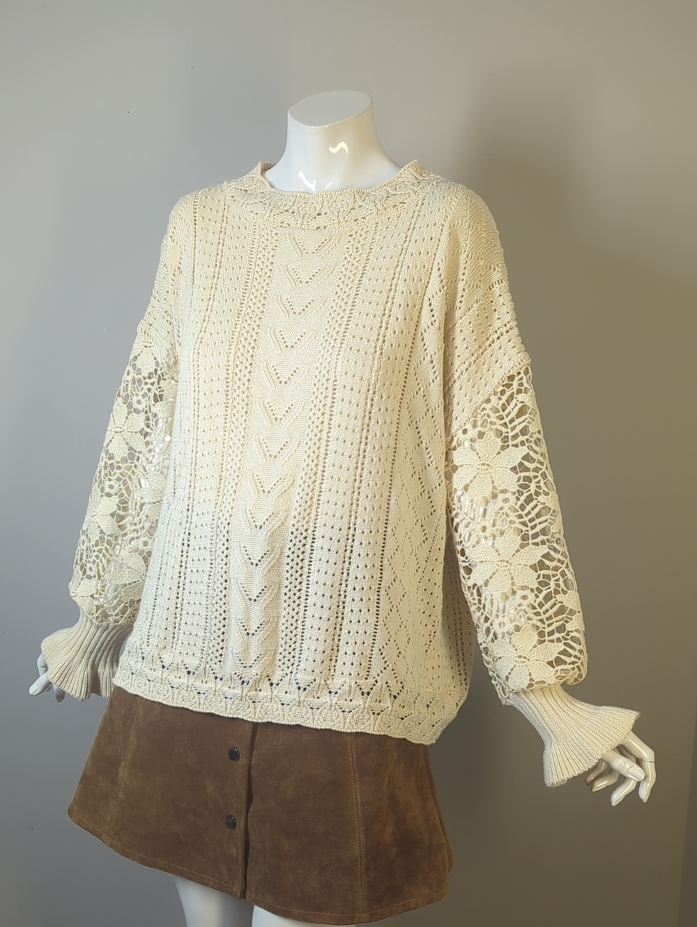Cream Crochet Lace Sleeve Knit Sweater Large